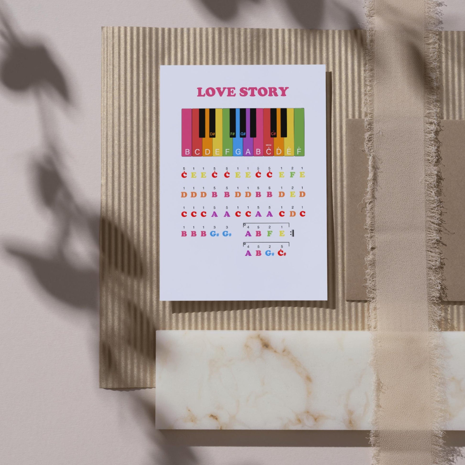 Very easy Love Story piano letter chart version for young beginners, combining color-coded keys and simple rhythmic structure to encourage confident first performances.
