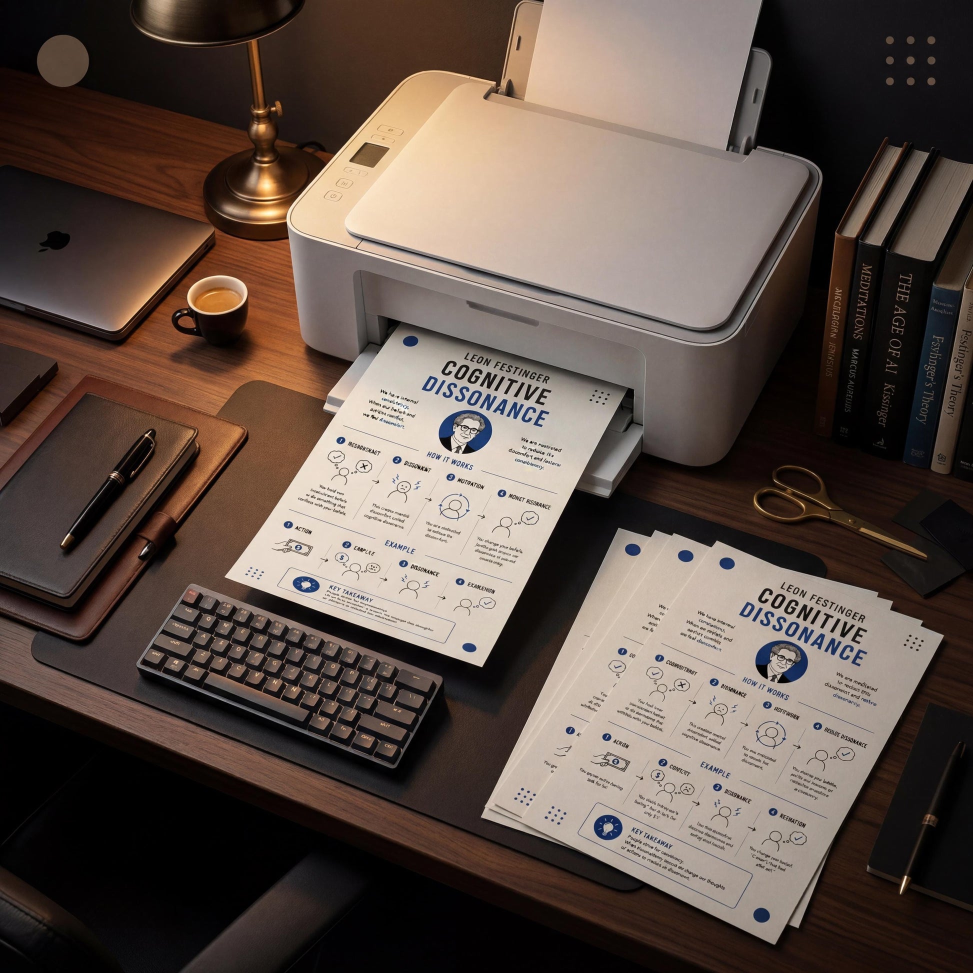 A desk with a printer, keyboard, books, and other office supplies, along with a lamp and a cup of coffee.