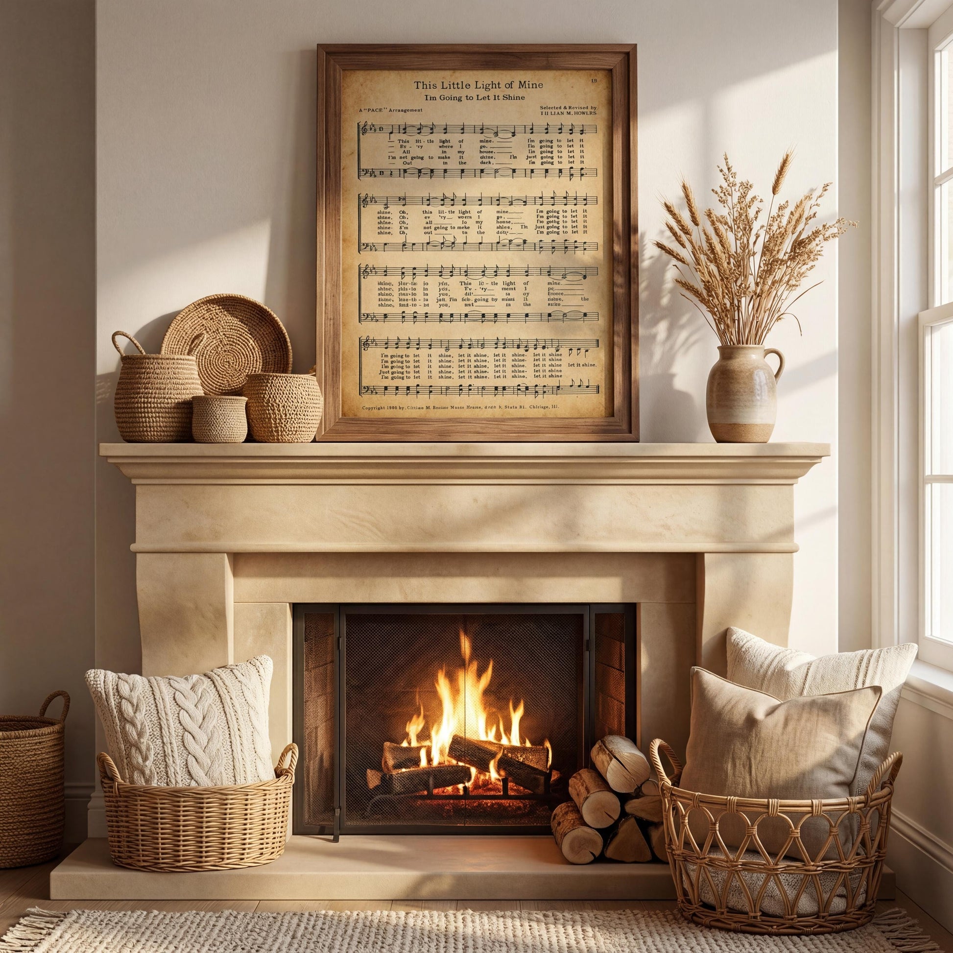 a cozy living room with a fireplace, a framed sheet music with lyrics, and a vase of dried flowers. The room has a warm and inviting atmosphere, with a rug and baskets adding to the homely feel.