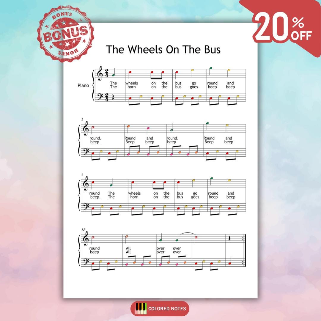 The Wheels On The Bus easy piano arrangement downloadable and simplified piano sheet music PDF for children at Grade 1, with bonus files offering note names, color-coded notes, MP3 play-along audio, and tutorial video, ideal for young beginners learning to read music, compatible with tablets, printable for lessons and group class.