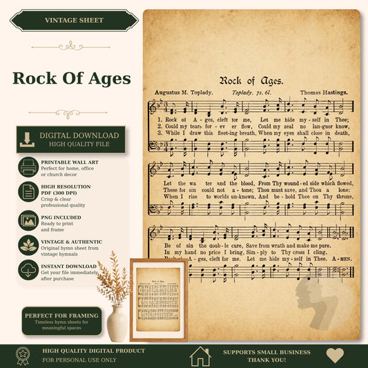 The image is a vintage sheet music titled "Rock of Ages" by Thomas Hastings, featuring sheet music and lyrics.