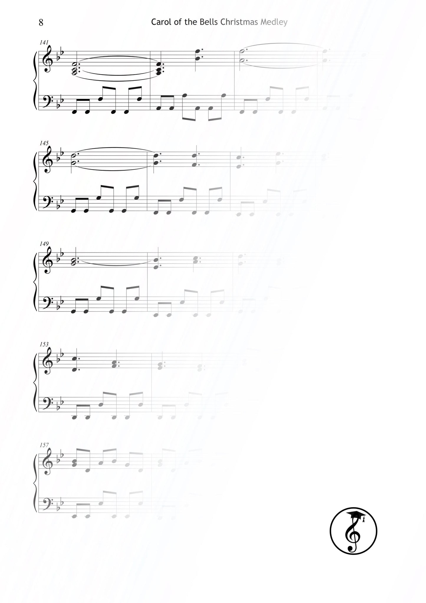Printable Carol of the Bells piano sheet music – Grade 4 easy-intermediate Christmas arrangement with professional engraving. Rhythmic and expressive version of the beloved carol, perfect for recitals and church services. Digital PDF piano sheet music download.