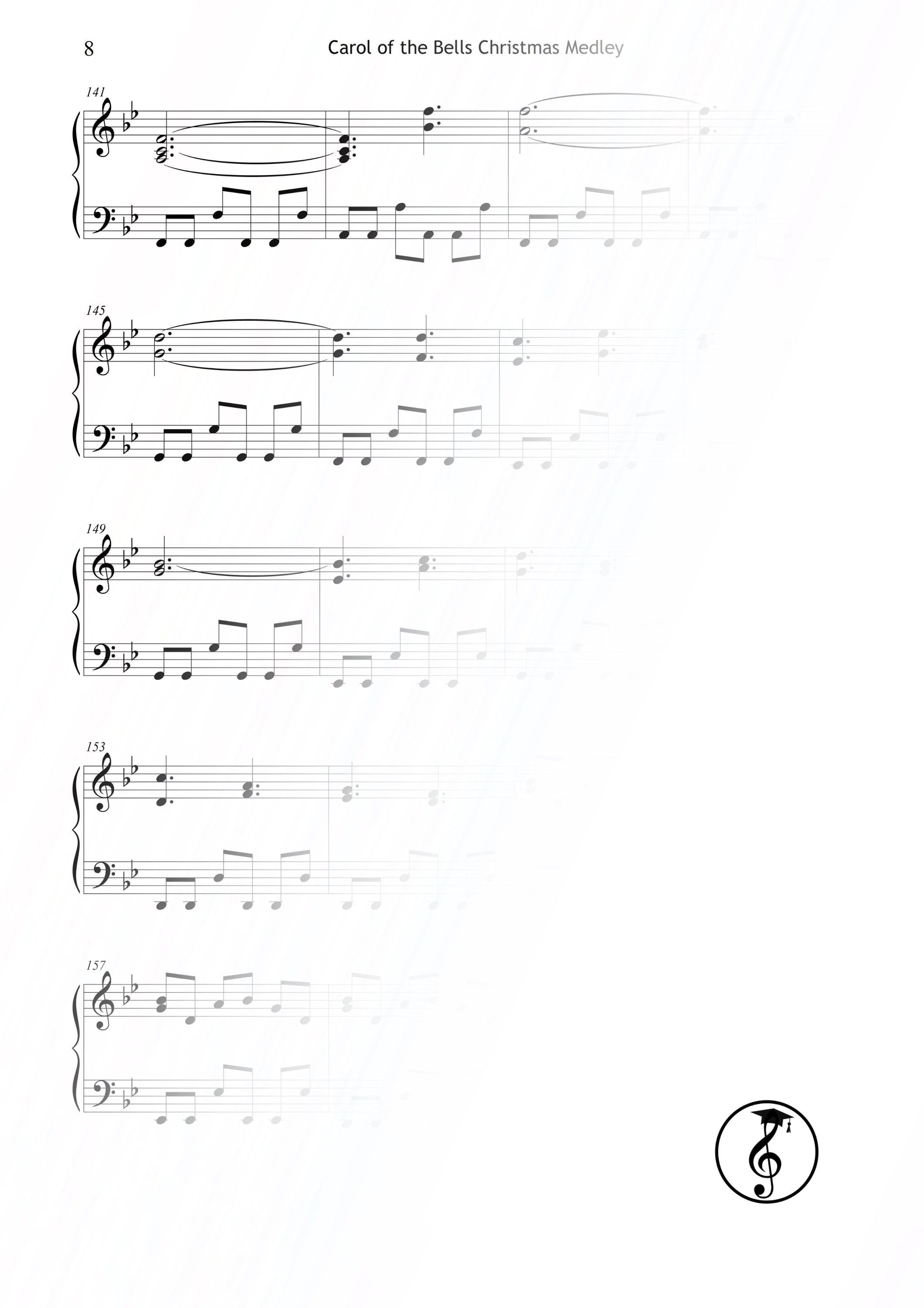 Printable Carol of the Bells piano sheet music – Grade 4 easy-intermediate Christmas arrangement with professional engraving. Rhythmic and expressive version of the beloved carol, perfect for recitals and church services. Digital PDF piano sheet music download.