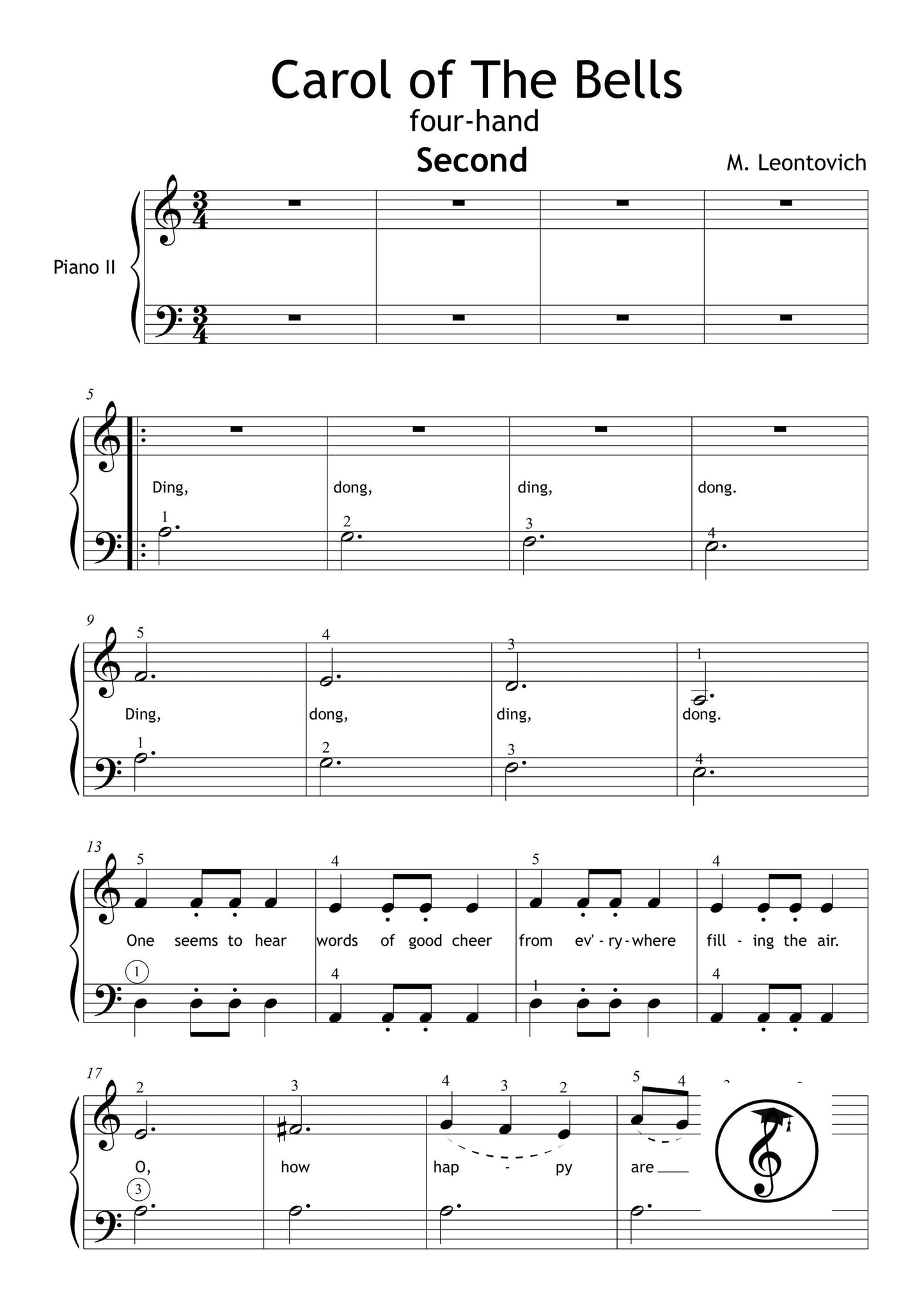 Carol of the Bells by Mykola Leontovych downloadable and simplified piano sheet music PDF for Grade 1 two-player duets, including multiple beginner-focused formats, MP3 demo, tablet pages, and an AI-supported MP4 tutorial for confident holiday performance.