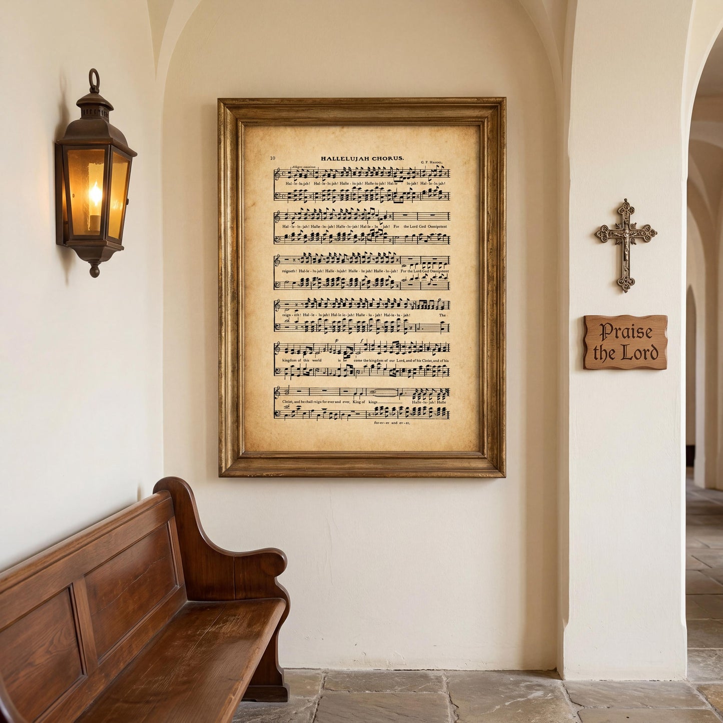 a wooden bench, a framed sheet music piece, and a cross on the wall, all set against a white wall.