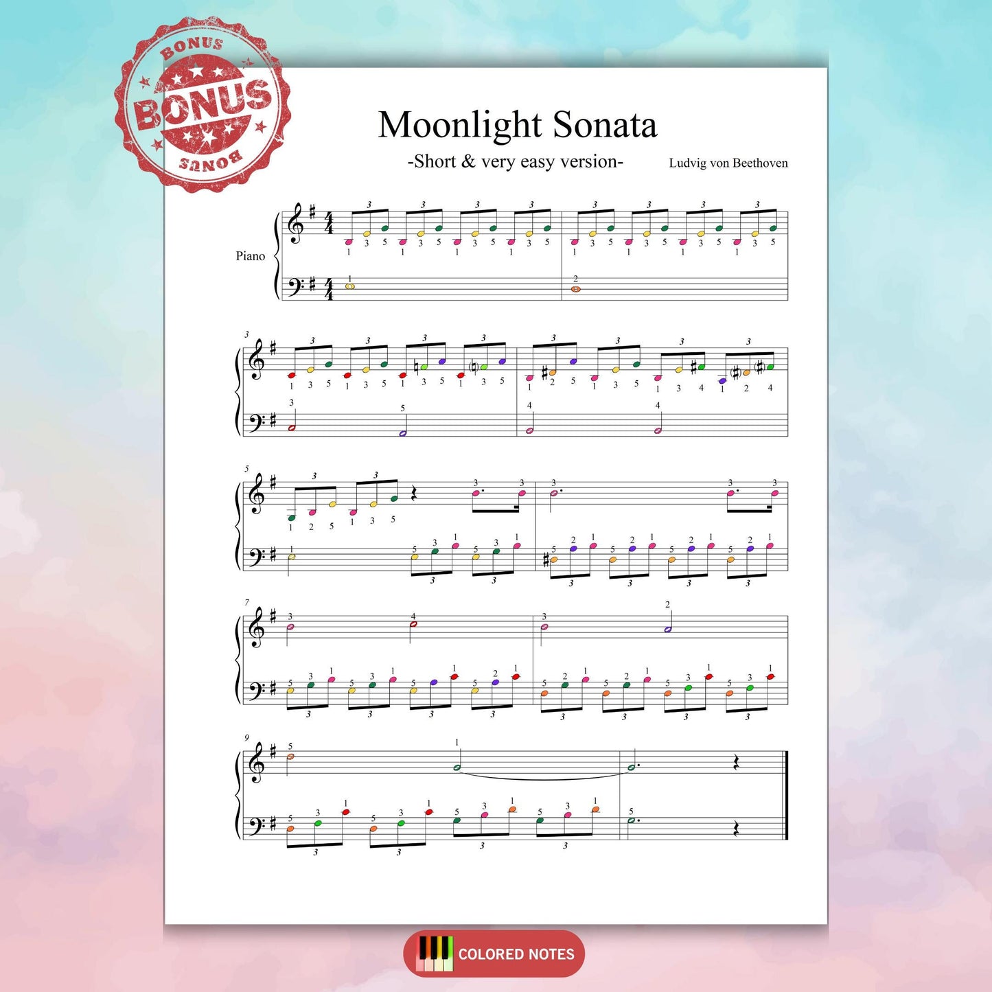Moonlight Sonata by Beethoven Grade 1 short simplified piano sheet music download, beginner arrangement with visual learning aids, finger numbers, note names, and color-coded score, plus MP3 audio and tutorial video for guided step-by-step practice.