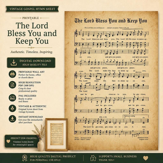 The Lord Bless You and Keep You Vintage Hymn Printable | Antique Christian Sheet Music Wall Art PDF PNG | Sacred Gospel Decor