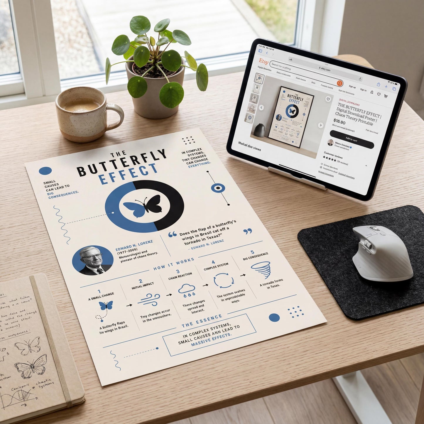 a desk with various items, including a poster titled "The Butterfly Effect", a laptop, a coffee cup, a mouse, and a plant.
