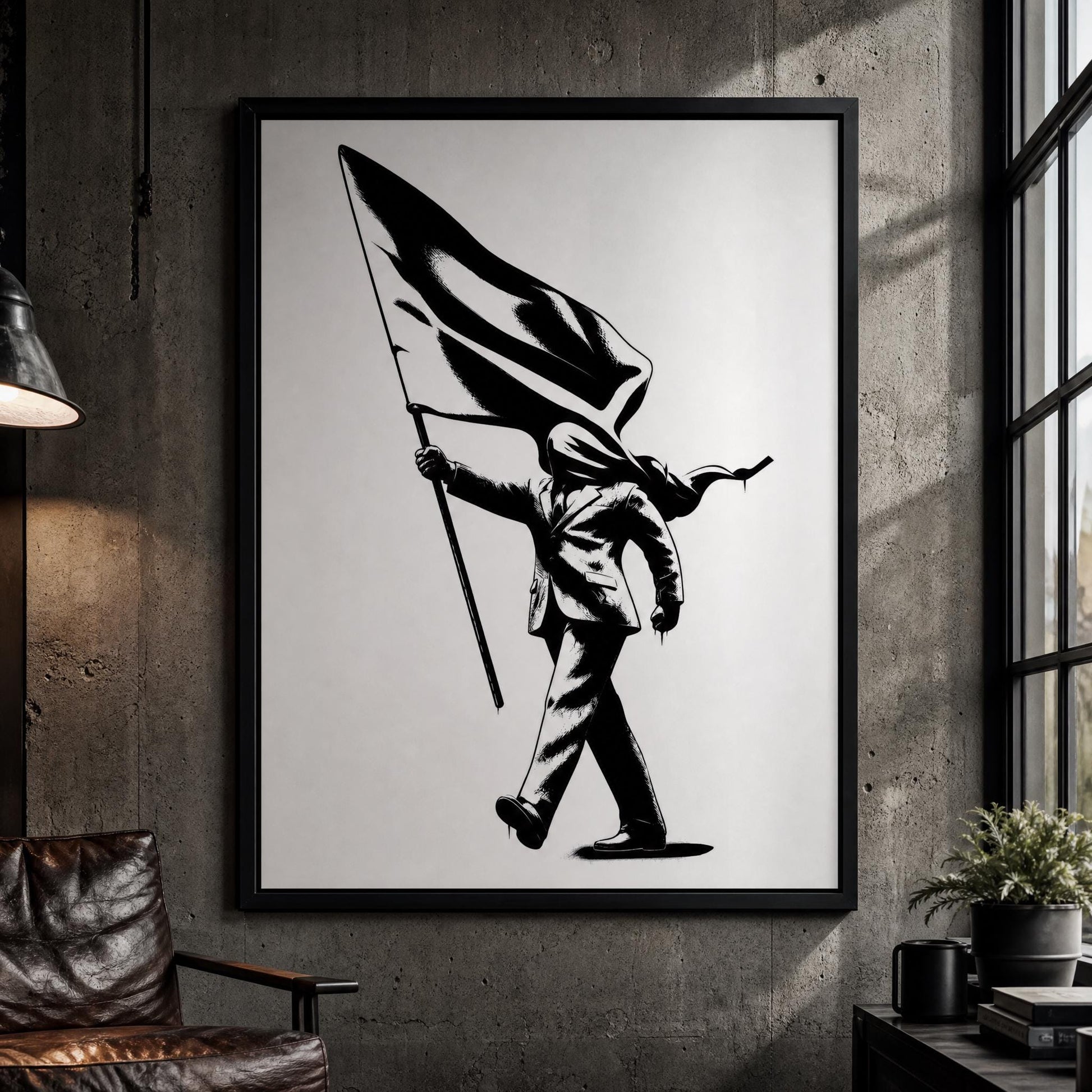Banksy Inspired Blind Patriotism wall art printable minimalist protest art digital download featuring high-contrast black and white figure with flag, conceptual street art style PNG and PDF files for modern interiors
