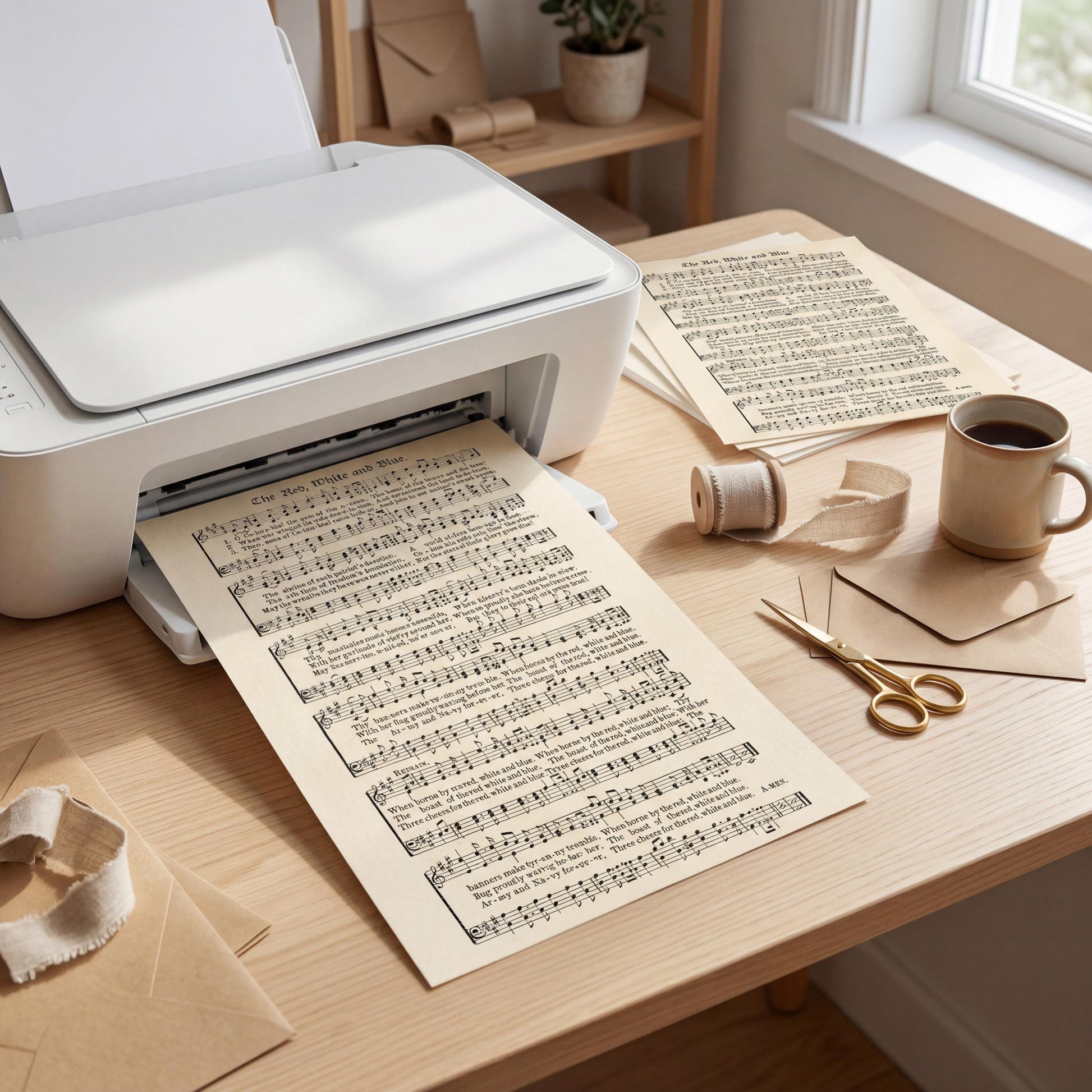 a workspace with a printer, sheet music, and various office supplies such as envelopes, a cup, and a pair of scissors.