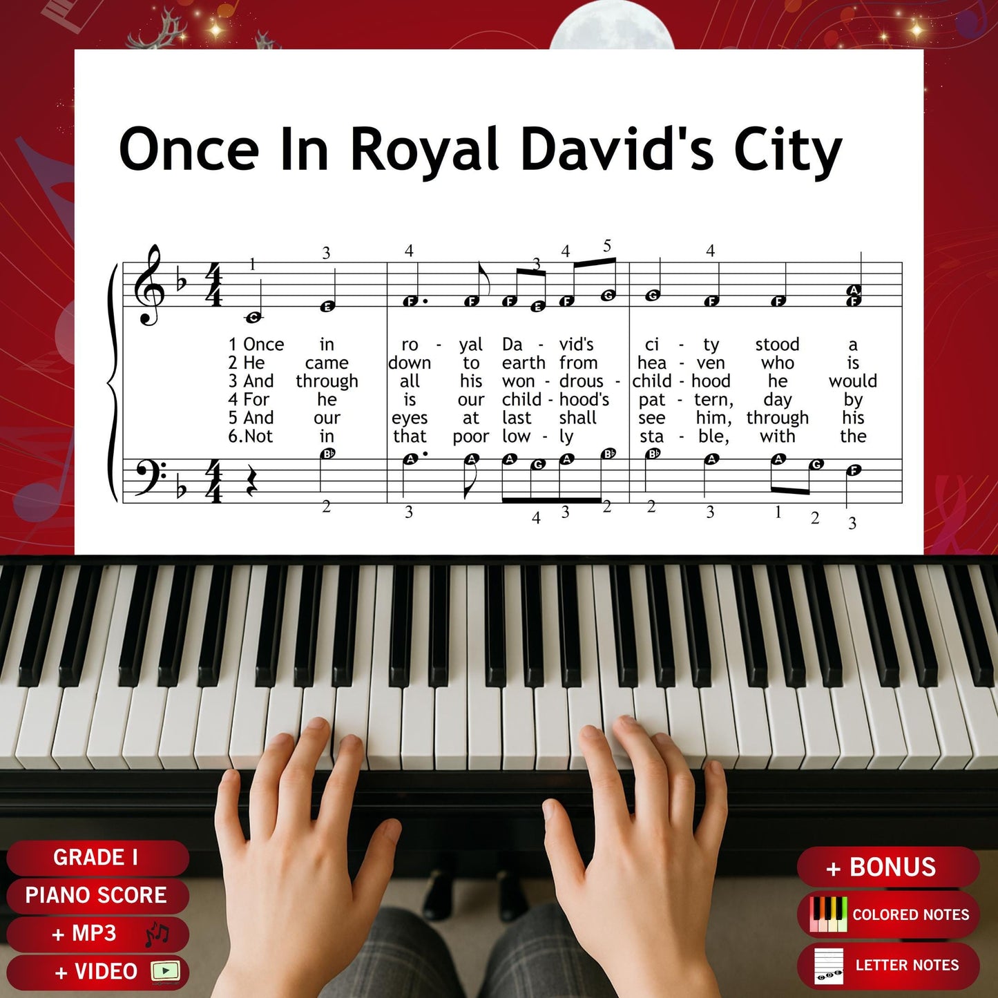Once in Royal David’s City by Henry J. Gauntlett downloadable and simplified Christmas piano sheet music PDF for Grade 1 beginners, featuring lyrics, color-coded notes, note names, and finger numbers, plus tablet-ready PNGs, MP3 demo, and MP4 tutorial for festive December learning.