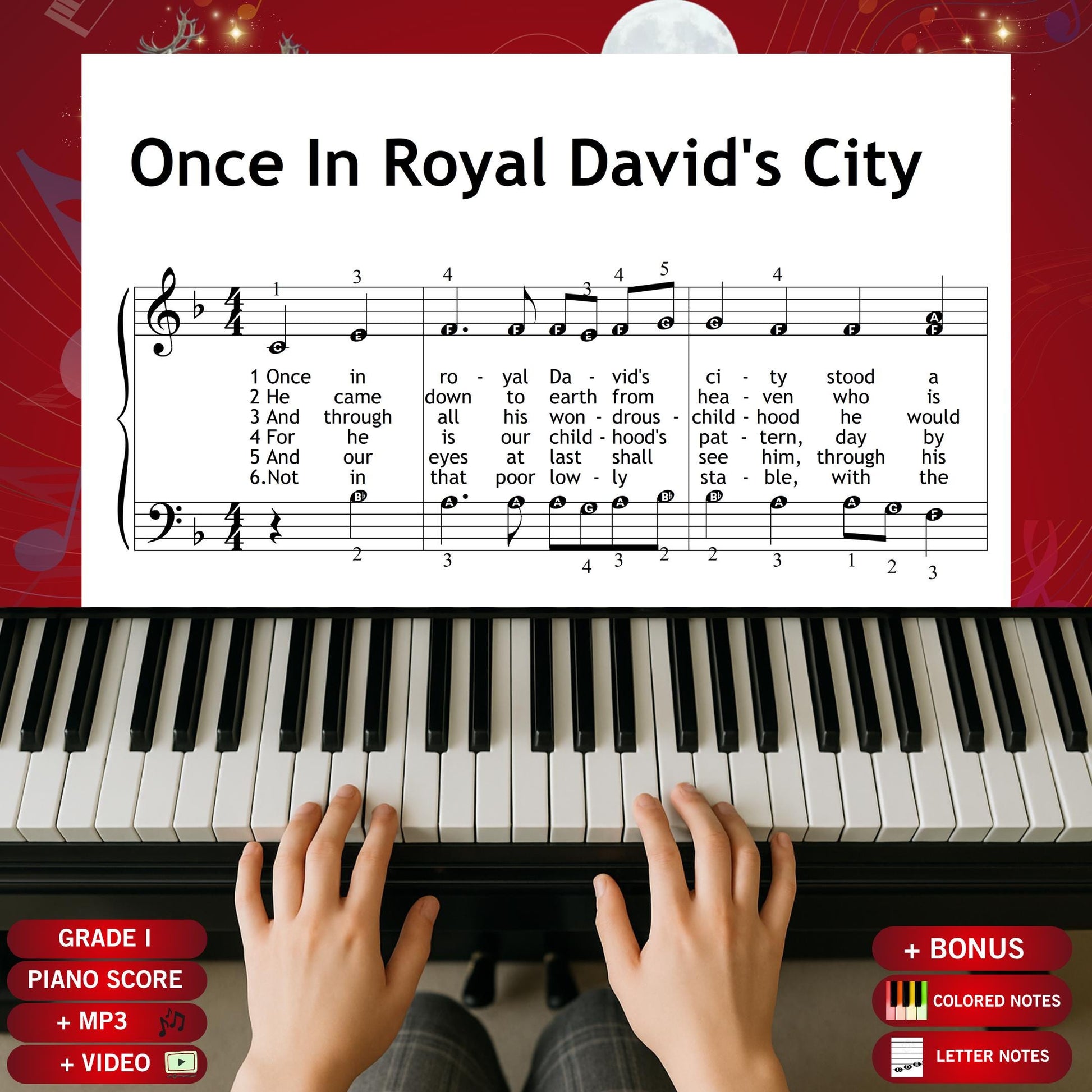 Once in Royal David’s City by Henry J. Gauntlett downloadable and simplified Christmas piano sheet music PDF for Grade 1 beginners, featuring lyrics, color-coded notes, note names, and finger numbers, plus tablet-ready PNGs, MP3 demo, and MP4 tutorial for festive December learning.