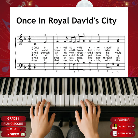 Once in Royal David’s City by Henry J. Gauntlett downloadable and simplified Christmas piano sheet music PDF for Grade 1 beginners, featuring lyrics, color-coded notes, note names, and finger numbers, plus tablet-ready PNGs, MP3 demo, and MP4 tutorial for festive December learning.