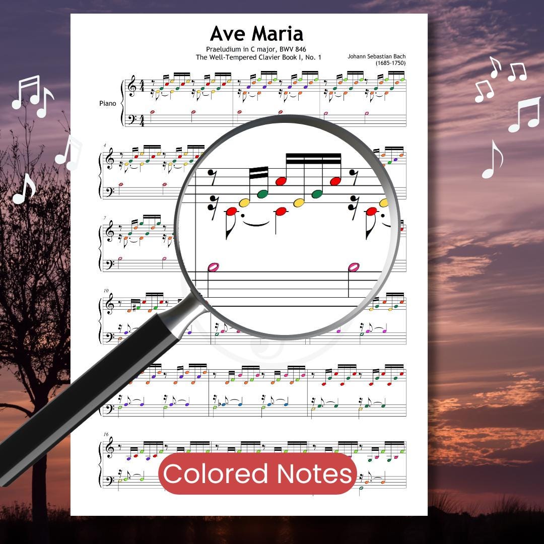 Ave Maria - Bach Prelude in C Major BWV 846 | Easy Piano Sheet Music PDF + Color Notes, Finger Numbers, MP3 & Video