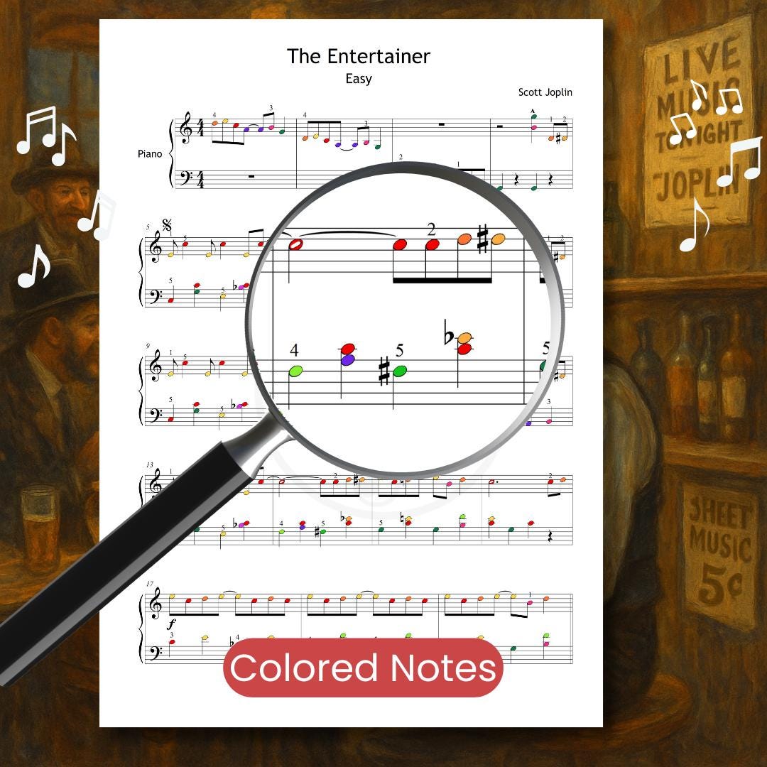 Entertainer - Simplified Version Easy Piano Sheet Music for Beginners (Grade 3) Scott Joplin's Ragtime, Colored Notes, Finger Numbers