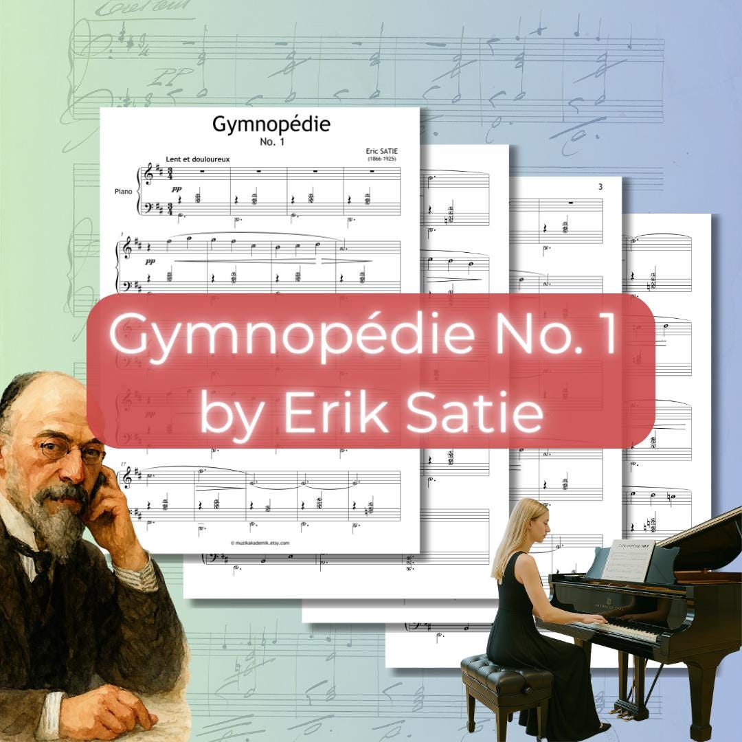 Gymnopédie No. 1 by Erik Satie, Intermediate Piano Sheet Music PDF (Grade 4–5) 4 Versions + MP3, Video, Violin, Flute, Clarinet, Saxophone, All notes in this edition are faithfully transcribed from the composer’s autograph manuscript of Gymnopédie No.1.