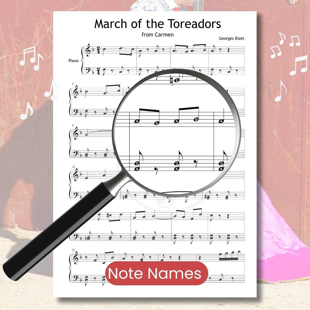 March of the Toreadors by Georges Bizet downloadable and simplified piano sheet music PDF displayed with note-name annotations, finger numbers, and color-coded notes in a clean Grade 3–4 engraving derived from the composer’s handwritten manuscript, suitable for confident classical performance.