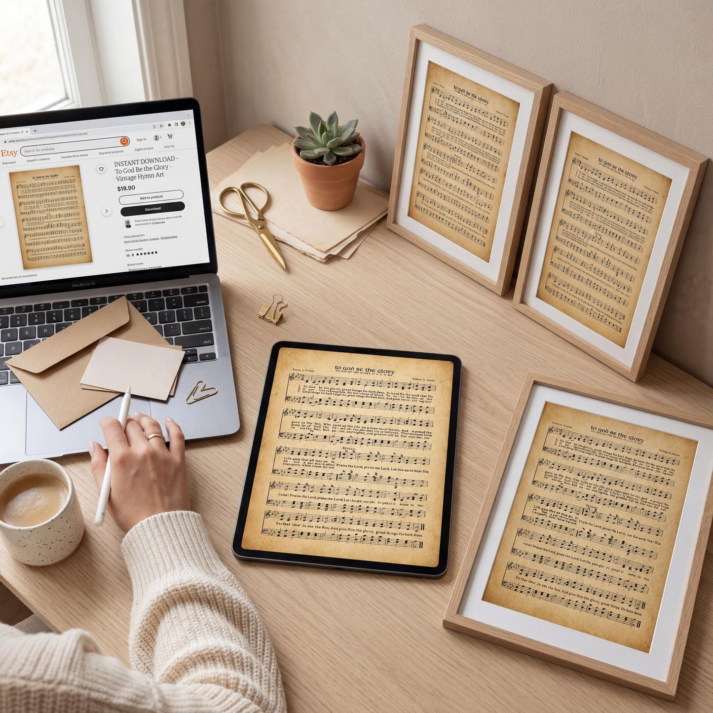 A person is sitting at a desk with a laptop, framed sheet music, and a cup of coffee. The person is using a tablet to transcribe the sheet music.