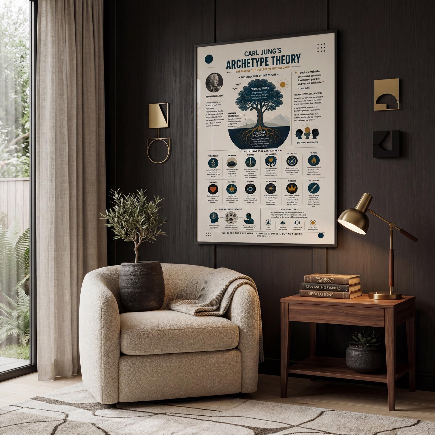a cozy living room with a beige armchair, a wooden side table, and a large poster on the wall that explains the "Carl Jung's Archetype Theory".