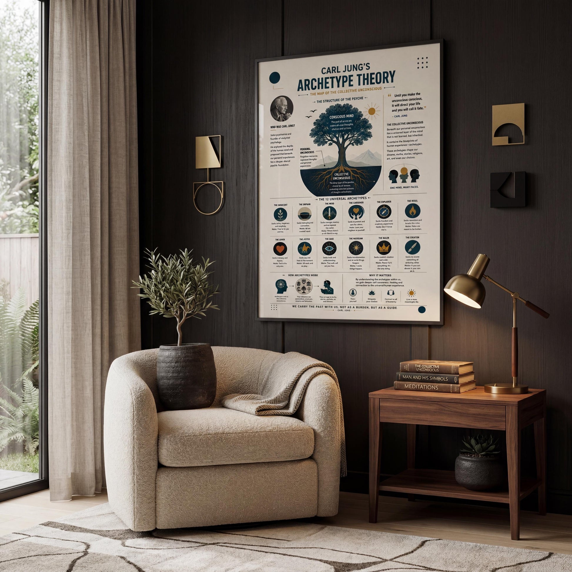 a cozy living room with a beige armchair, a wooden side table, and a large poster on the wall that explains the "Carl Jung's Archetype Theory".