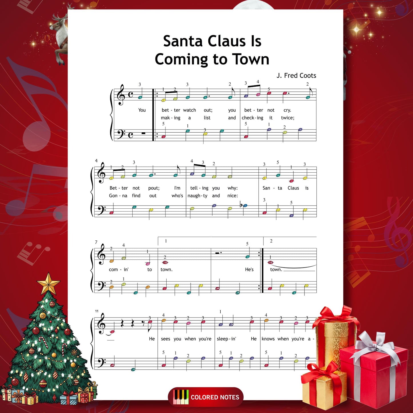 Santa Claus Is Coming to Town by Coots and Gillespie downloadable and simplified Christmas piano sheet music PDF including finger-numbered, color-coded, note-named, and clean versions, ideal for December lessons and winter church-school performances.