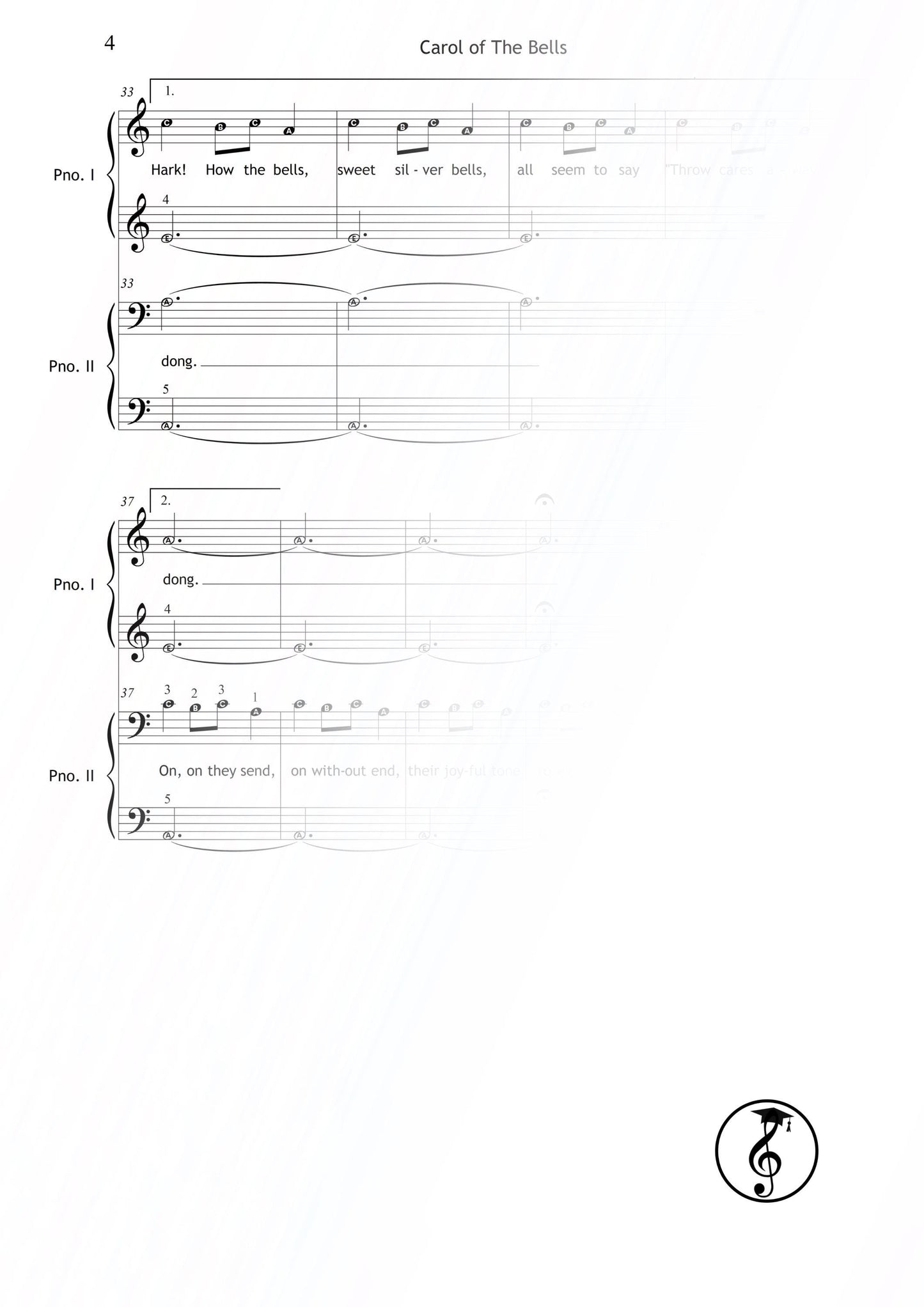 Carol of the Bells by Mykola Leontovych downloadable and simplified piano sheet music PDF for early learners, arranged as a four-hand Grade 1 duet with color notes, letter names, finger numbers, PNG tablet pages, MP3 demo, and AI-supported step-by-step video.