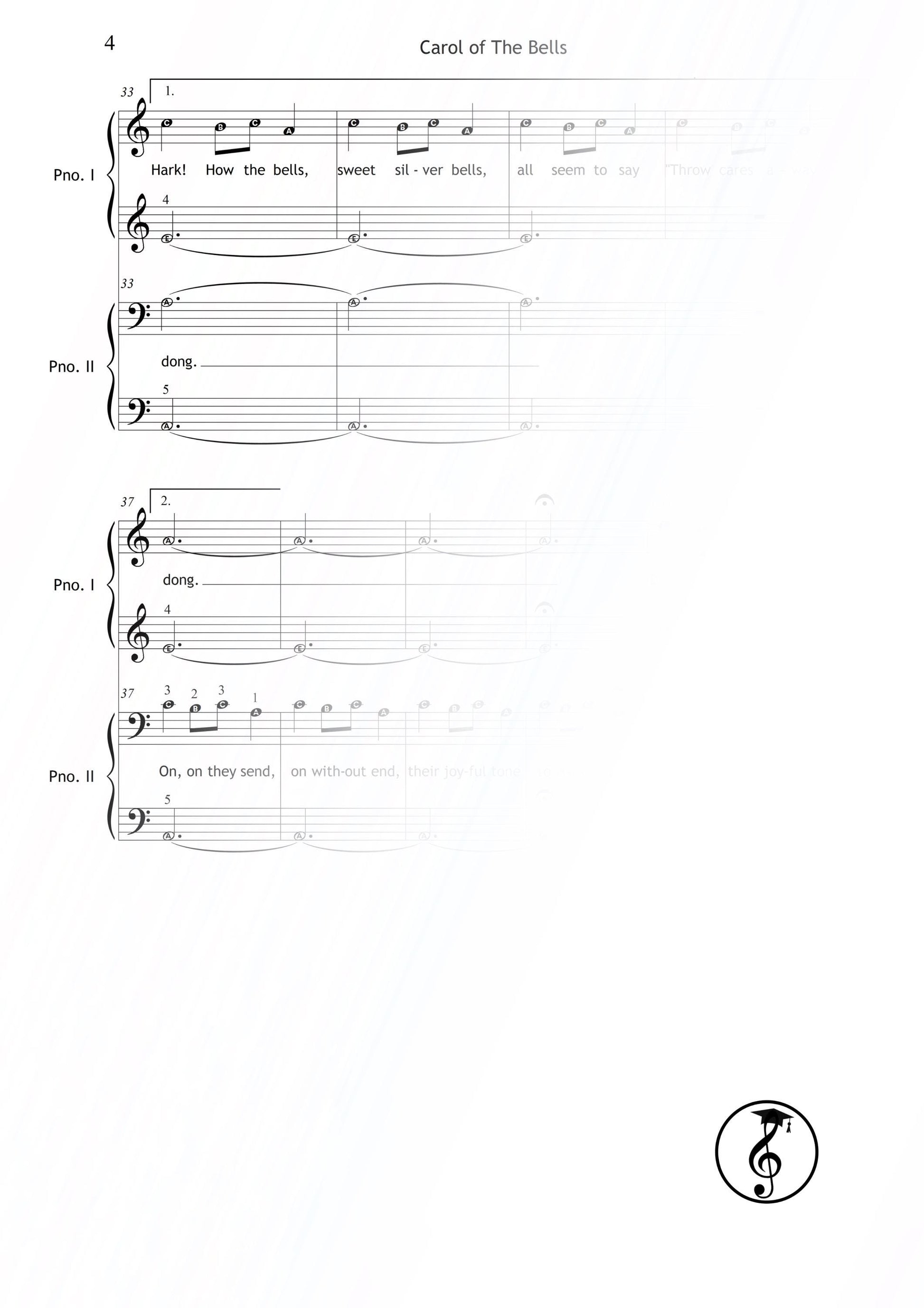Carol of the Bells by Mykola Leontovych downloadable and simplified piano sheet music PDF for early learners, arranged as a four-hand Grade 1 duet with color notes, letter names, finger numbers, PNG tablet pages, MP3 demo, and AI-supported step-by-step video.