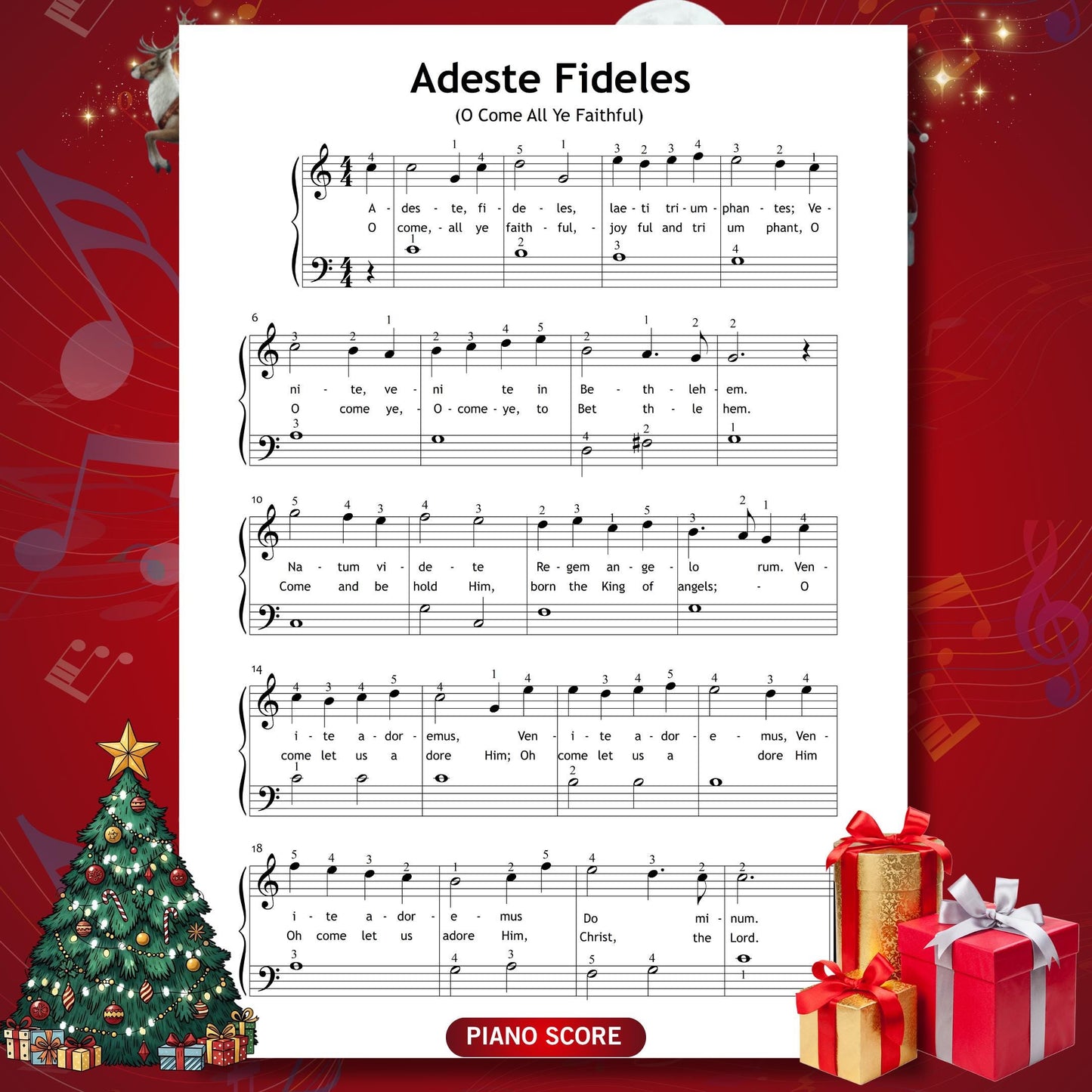 Adeste Fideles (O Come All Ye Faithful) by John Francis Wade downloadable and simplified piano sheet music PDF crafted as a quick Christmas digital download blends Christmas gifts 2025 charm with printable worksheets, offering lyrics, finger numbers, note names and color-guided notation for smooth seasonal music learning.