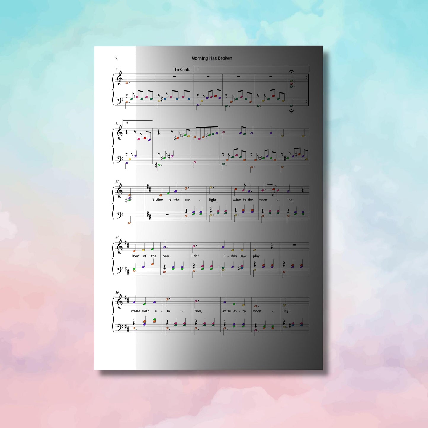 Morning Has Broken easy piano PDF displayed beside cross and candle, Grade 2 hymn with color notes and lyrics for students and worship services.