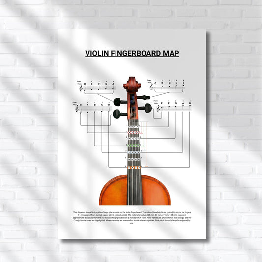 Violin Fingerboard Map – First Position Fingering Chart with Distances | C Major Notes Highlighted | Printable Violin Diagram PDF