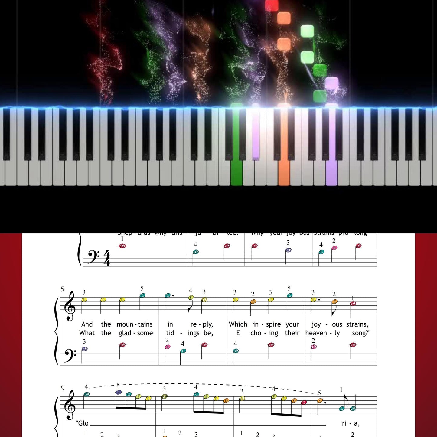 Angels We Have Heard on High by Traditional downloadable and simplified piano sheet music PDF perfect for last-minute Christmas gifts 2025 shoppers presents personalised digital Christmas printables with accessible lyrics, finger numbers, note names and color notes for instant learning.