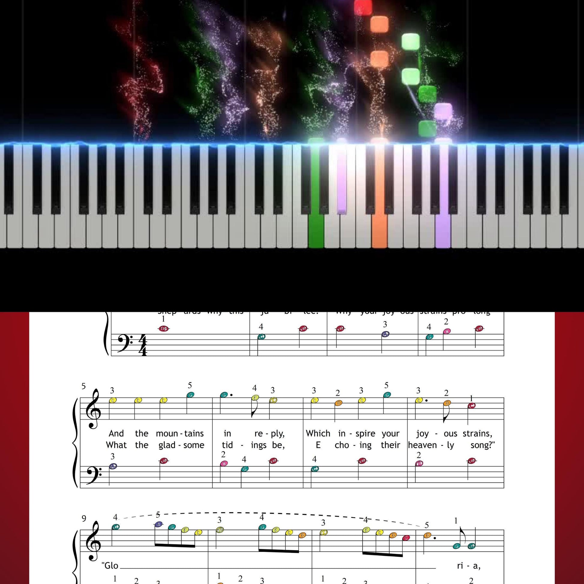 Angels We Have Heard on High by Traditional downloadable and simplified piano sheet music PDF perfect for last-minute Christmas gifts 2025 shoppers presents personalised digital Christmas printables with accessible lyrics, finger numbers, note names and color notes for instant learning.