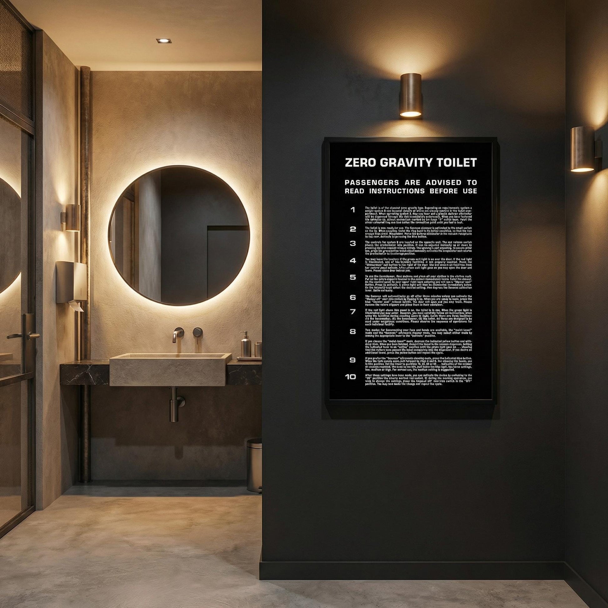 2001 Zero Gravity Toilet wall print digital poster built with crisp vector-based typography and high-contrast design, ideal for Kubrick enthusiasts, graphic designers, and retro futurism collectors.