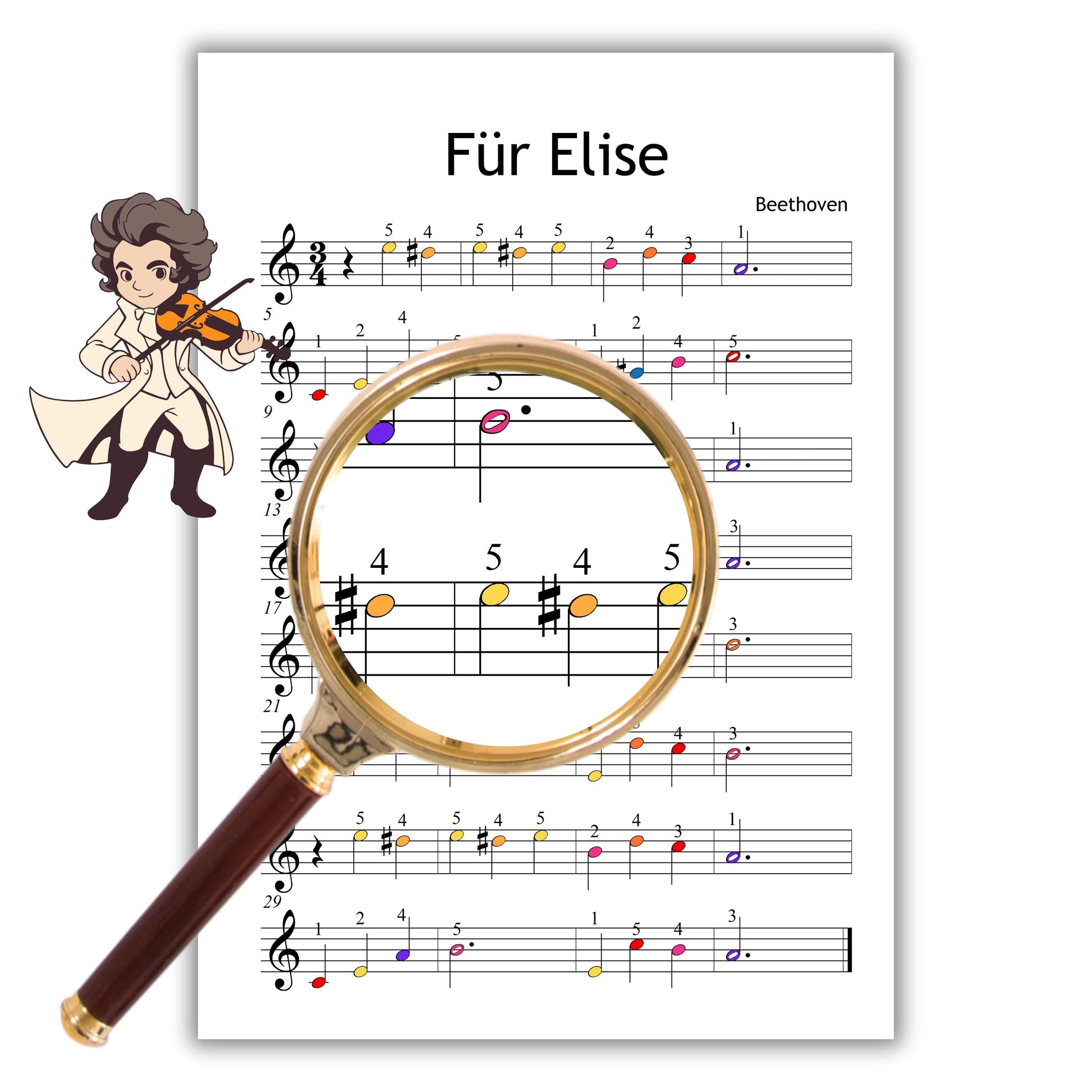 Für Elise - Grade 0 Simplified Beginner Piano Sheet | Easy Beethoven Music PDF | Color Notes + Finger Numbers + MP3 + MP4 Video For Elise