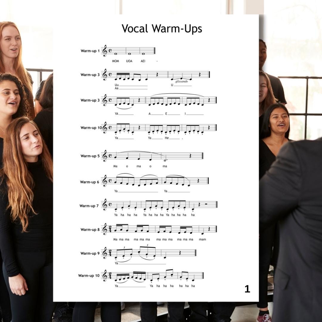 Vocal Warm-Ups PDF and audio package, 10 versatile vocal training exercises supported by piano MP3, practical guide for improving tone and stamina, formatted for printing or use on tablets during lessons and rehearsals.