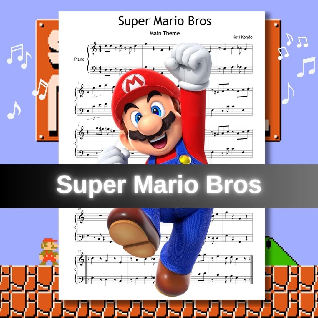 A printable piano sheet music of the Super Mario Bros. Main Theme is shown on a vibrant background with music notes, featuring large notation and simplified rhythms. This arrangement is designed for Grade 3–4 level players learning video game music.