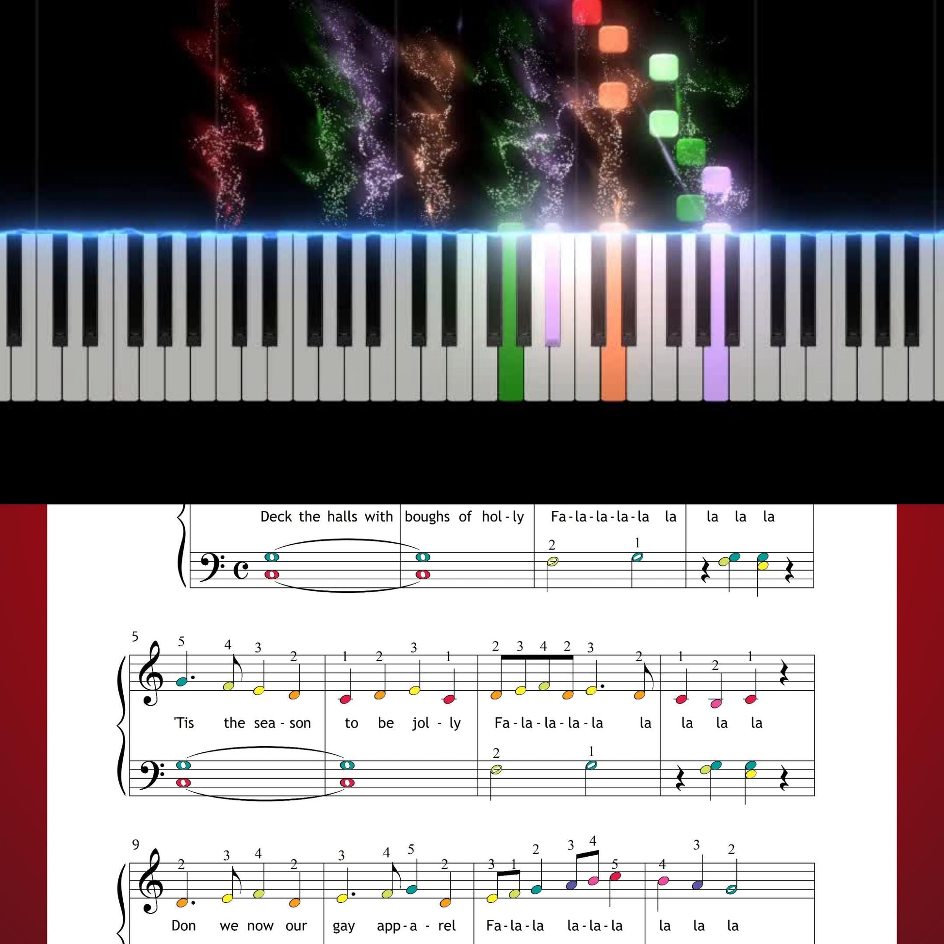 Deck the Halls by Traditional downloadable and simplified piano sheet music PDF perfect for last-minute Christmas gifts 2025 shoppers, offering personalised digital Christmas printables with clear lyrics, finger numbers, note names and color notes ready for instant printing or tablet use.
