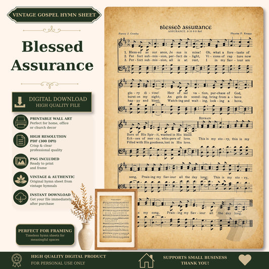 The image is a vintage-style sheet music for a song titled "Blessed Assurance" with accompanying sheet music and a printed wall art version.