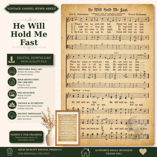 The image is a vintage sheet music sheet for a song titled "He Will Hold Me Fast" by Ada R. Hrabekishon. The sheet music is accompanied by a framed image of a plant, and the sheet music is described as a high-quality digital product.