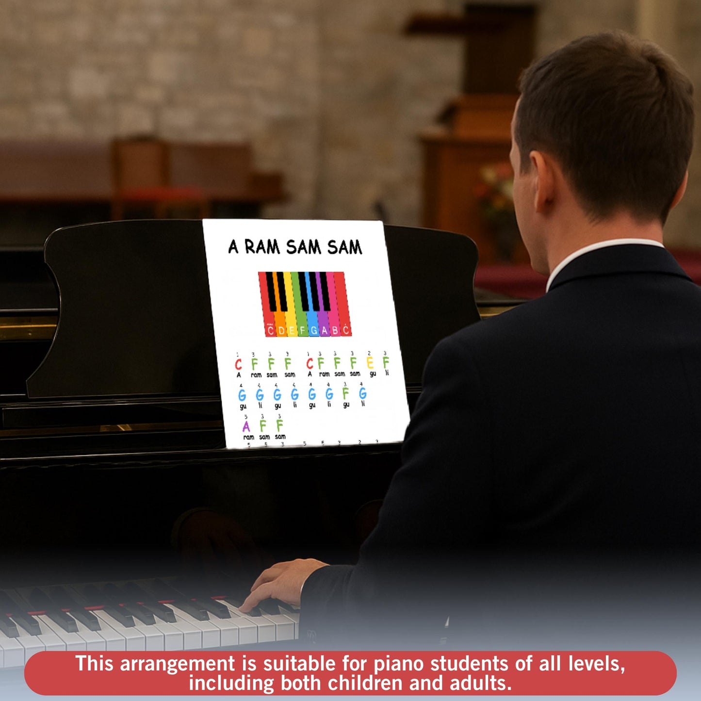 Montessori-inspired beginner piano sheet music – A Ram Sam Sam. PDF with color-coded and named notes for visual and kinesthetic learning. One-hand version for early skill development.

Downloadable PDF piano sheet for A Ram Sam Sam – a playful and educational one-hand song for kids. With color-coded notes and letter names, it’s perfect for music classes, homeschool, or private lessons.