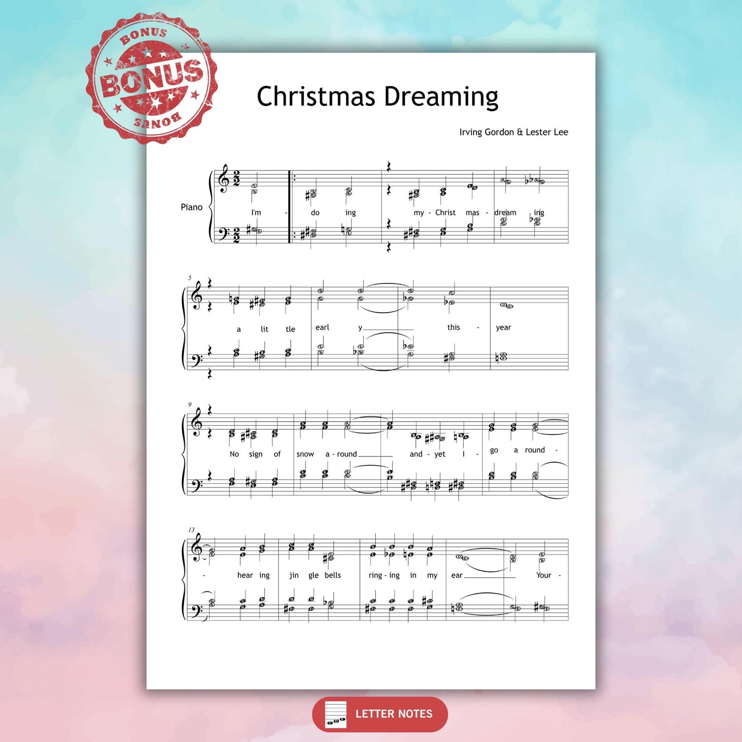 Christmas Dreaming by Irving Gordon downloadable and simplified piano sheet music PDF shown as a pedagogical Grade 3–4 Christmas edition including finger numbers, note names, color-coded notes, and choir lyrics, prepared from manuscript references for structured seasonal practice.
