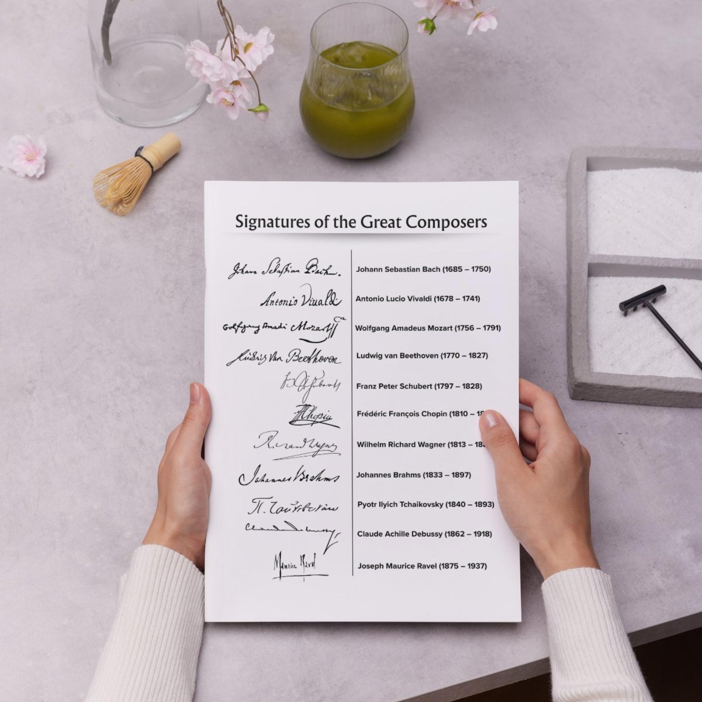 Signatures of the Great Composers digital poster printable wall art download, elegant collection of composer autographs including Bach, Mozart, Beethoven, Chopin, Wagner, Brahms, Tchaikovsky, Debussy, Schubert, Ravel, and Vivaldi, includes high-resolution PDF/JPG and separate transparent PNGs for versatile use.
