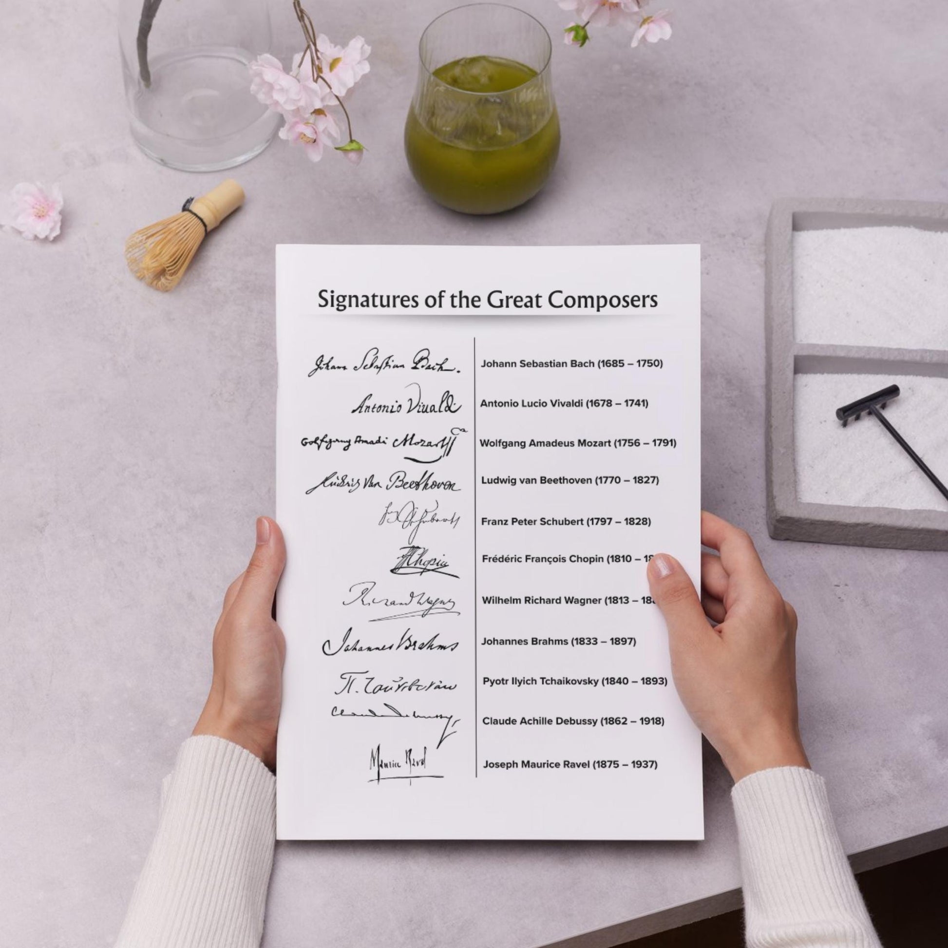 Signatures of the Great Composers digital poster printable wall art download, elegant collection of composer autographs including Bach, Mozart, Beethoven, Chopin, Wagner, Brahms, Tchaikovsky, Debussy, Schubert, Ravel, and Vivaldi, includes high-resolution PDF/JPG and separate transparent PNGs for versatile use.