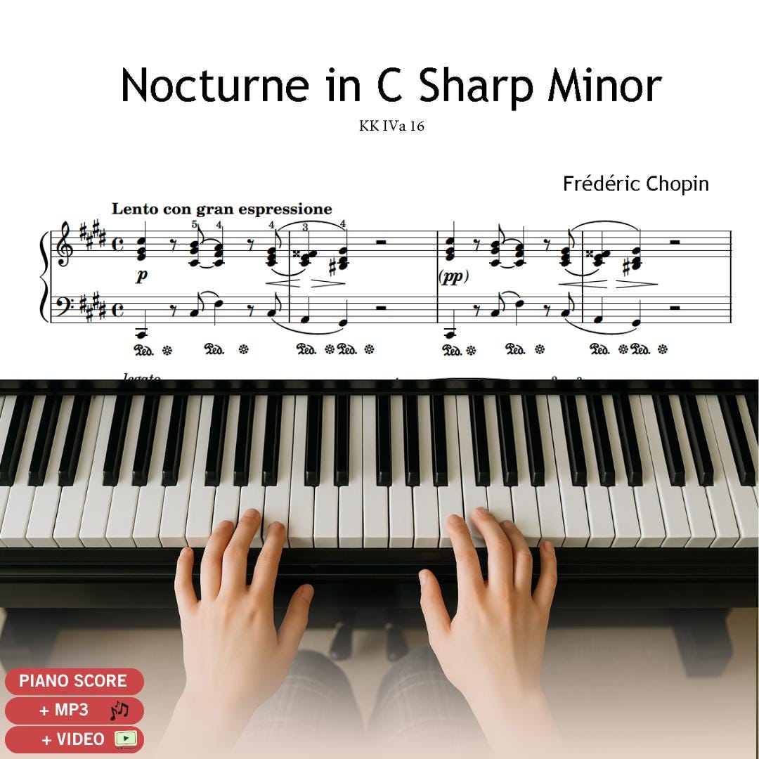 Nocturne in C-sharp Minor KK IVa/16 by Frédéric Chopin downloadable piano sheet music PDF shown as an original, manuscript-based engraving with clear Romantic-era notation for expressive solo performance.