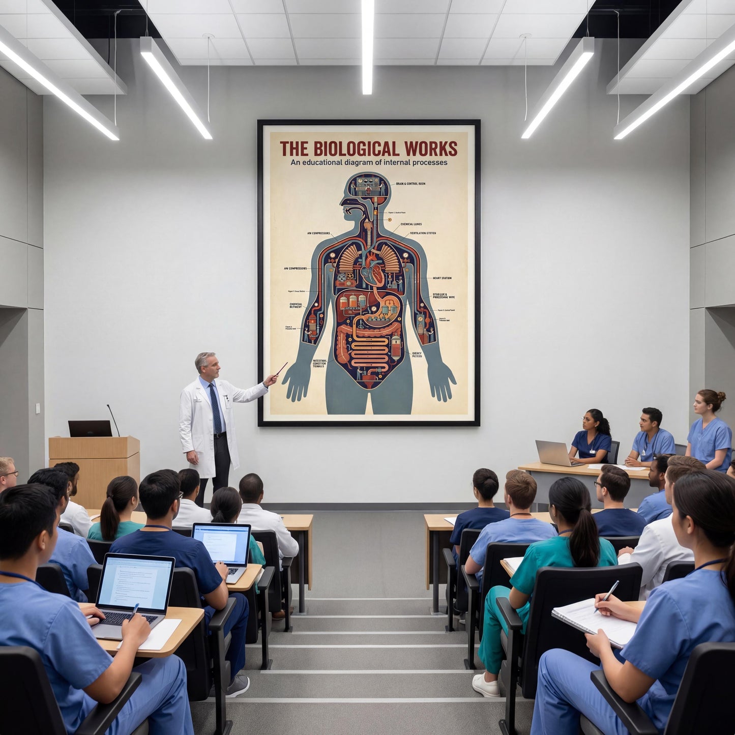 Retro human body factory poster digital download featuring a detailed cross-section of anatomical systems reimagined as machines, perfect for teaching physiology concepts in an engaging visual format.