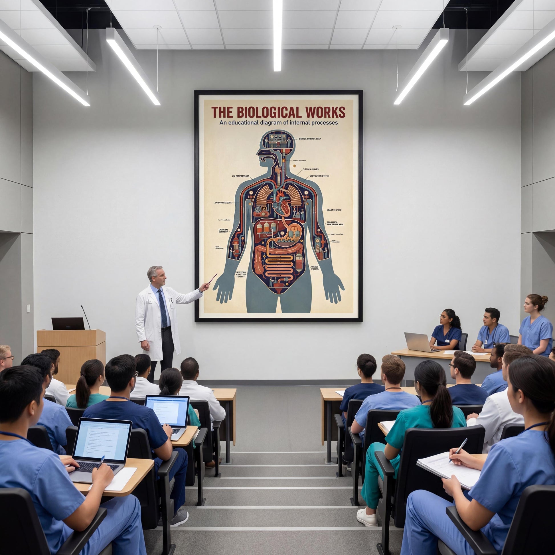 Retro human body factory poster digital download featuring a detailed cross-section of anatomical systems reimagined as machines, perfect for teaching physiology concepts in an engaging visual format.