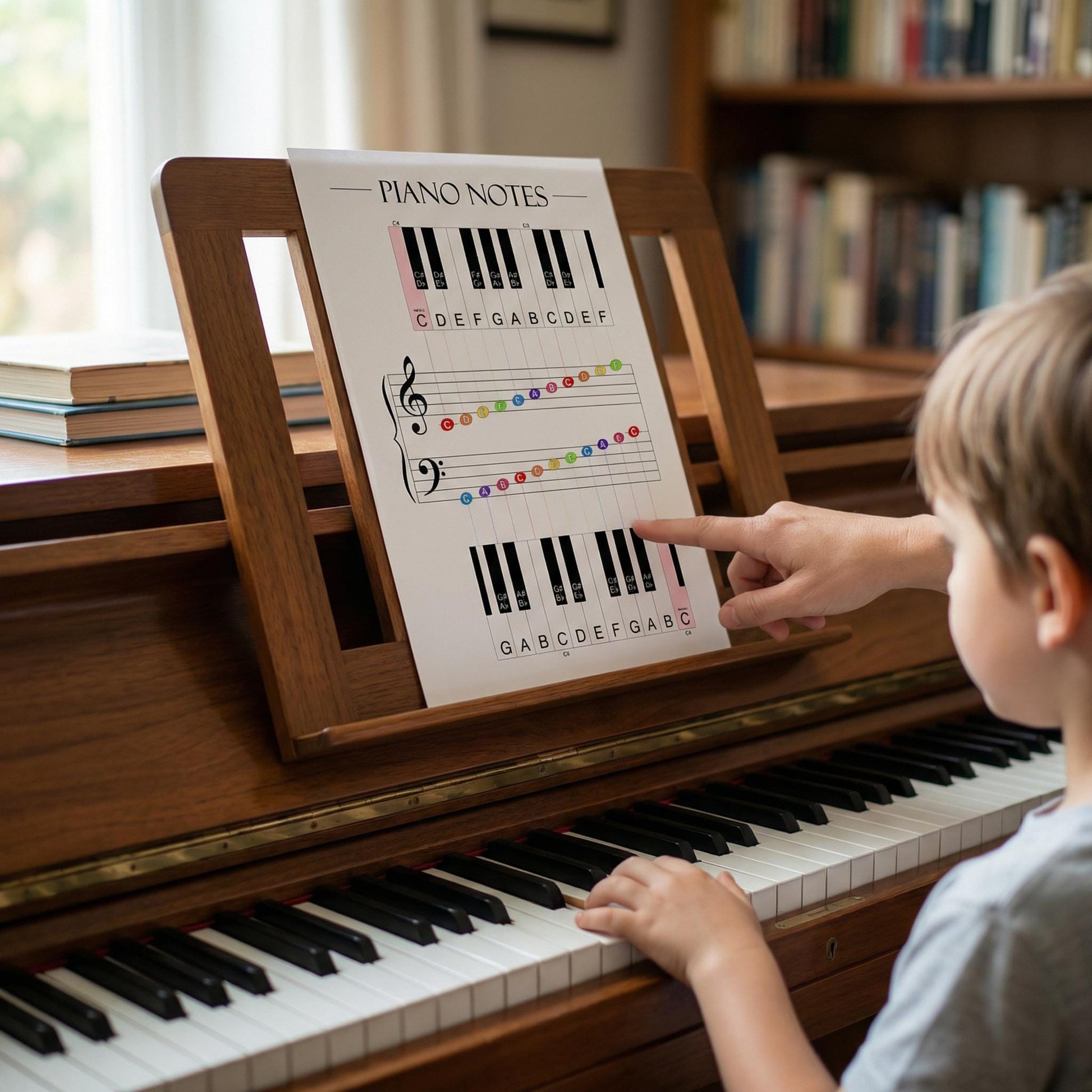 Piano notes learning poster printable with treble and bass clef diagrams, suitable for children, adult beginners, and music classrooms needing a simple visual guide.