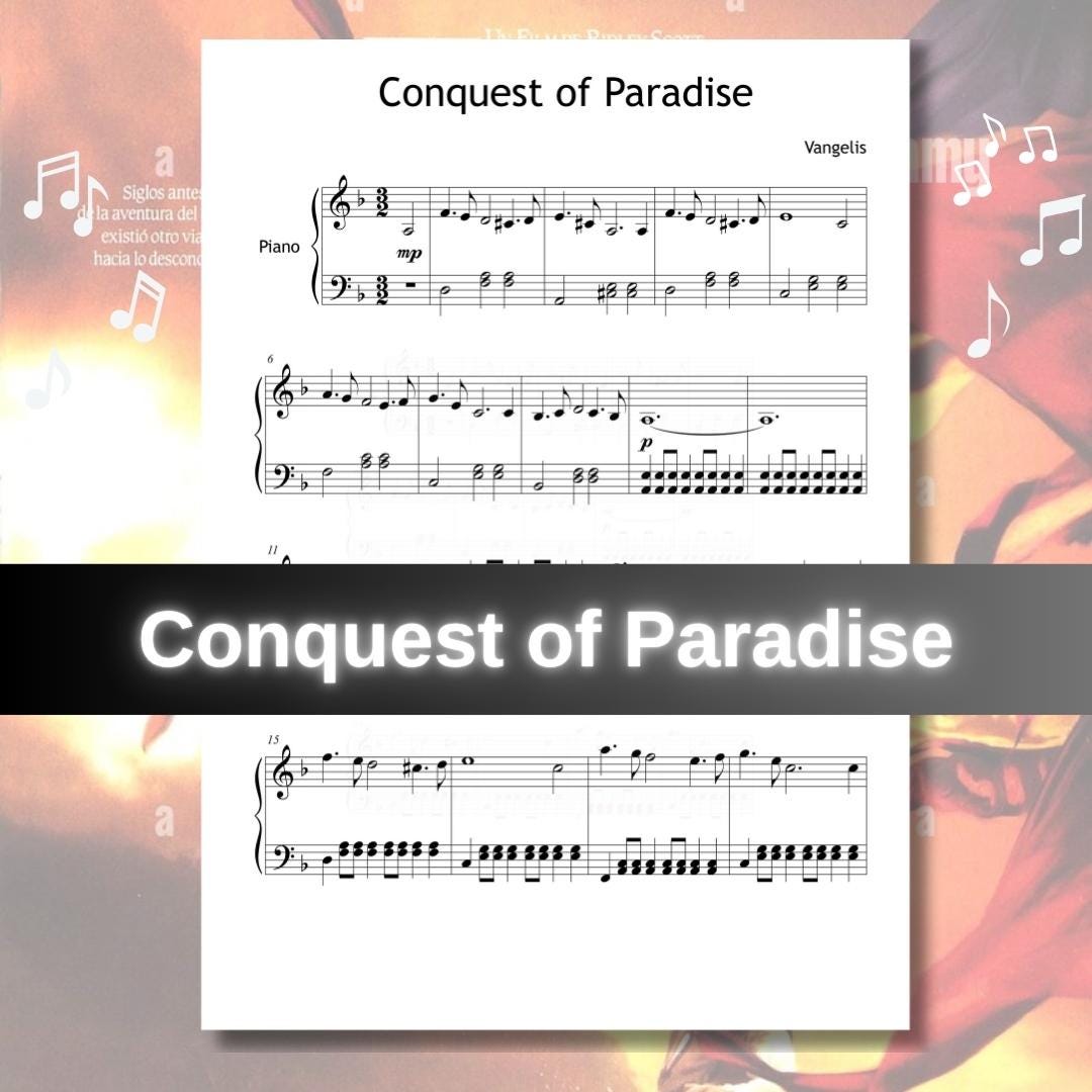 Conquest of Paradise by Vangelis downloadable and simplified piano sheet music PDF shown in an easy Grade 3 layout with finger numbers, color-coded notes, and note-name versions derived from the original handwritten manuscript, designed as an educational edition for developing pianists.