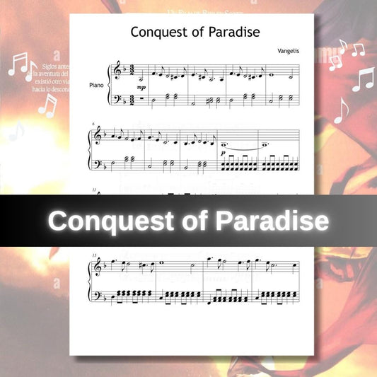Conquest of Paradise by Vangelis downloadable and simplified piano sheet music PDF shown in an easy Grade 3 layout with finger numbers, color-coded notes, and note-name versions derived from the original handwritten manuscript, designed as an educational edition for developing pianists.