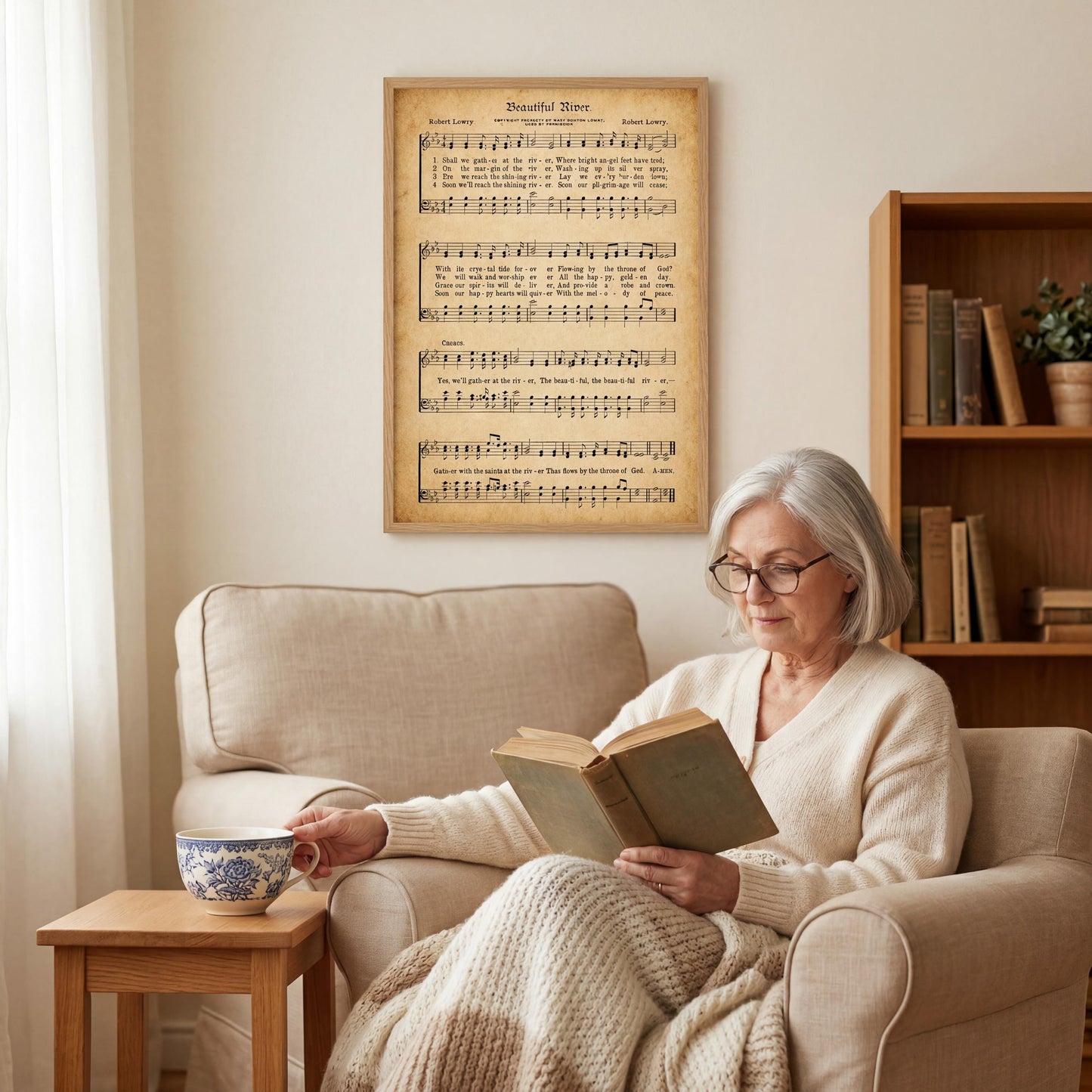 An elderly woman is sitting comfortably in a chair, reading a book while holding a cup of tea. She is wearing a cozy white sweater and is surrounded by a cozy atmosphere, with a framed sheet music poster on the wall behind her.